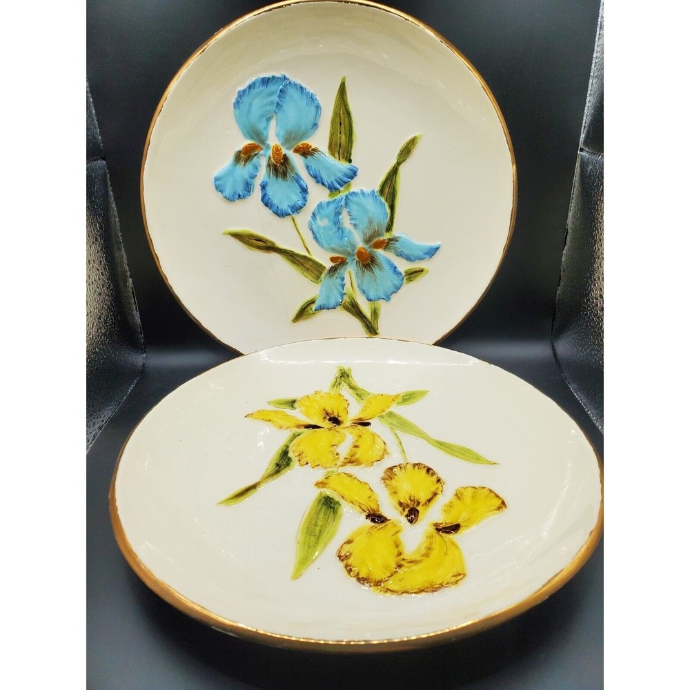 Vintage Mallory Pottery Set of 2 Floral Plates Jamar 1957 Ceramic Wall Plates